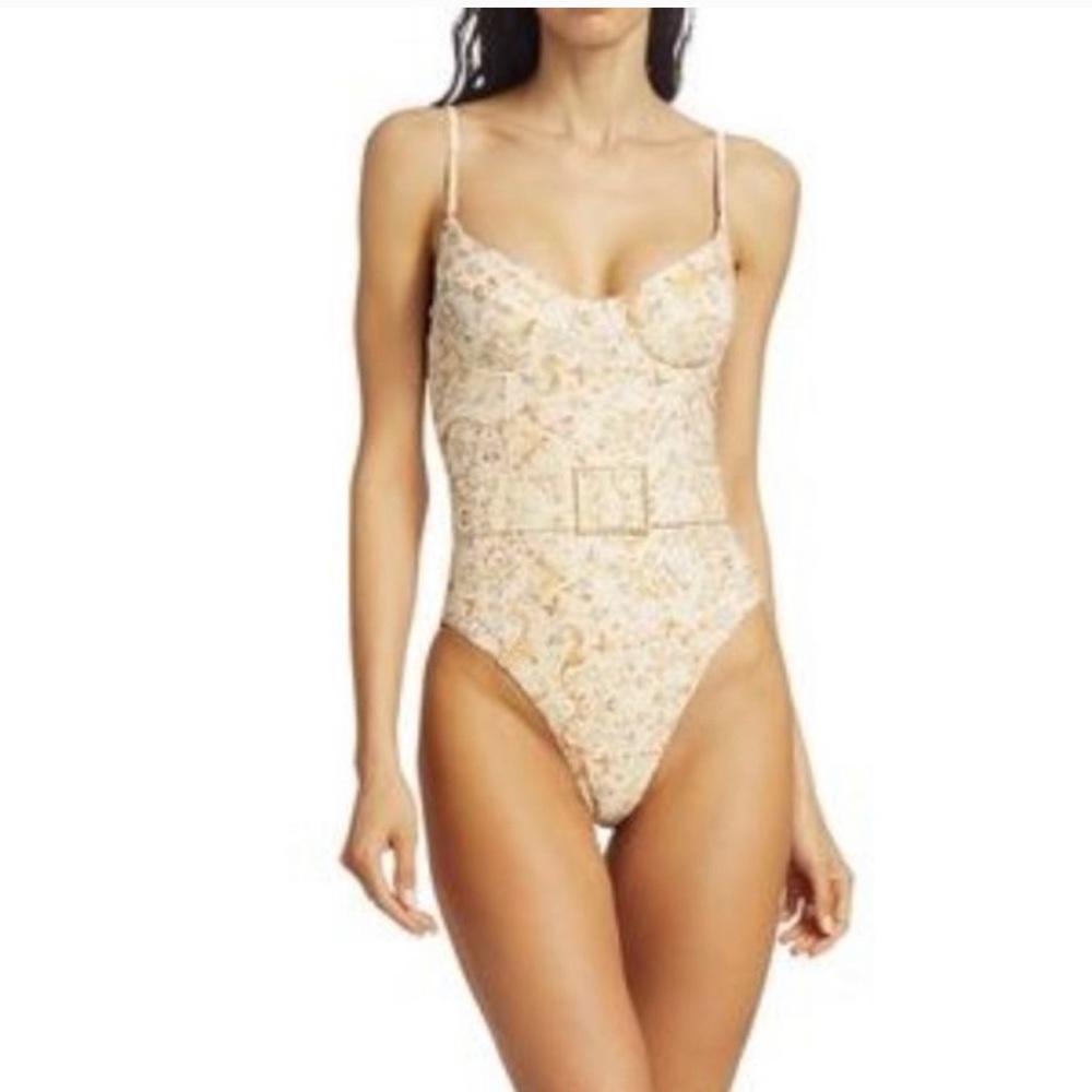 WeWoreWhat Floral Cream One-Piece Swimsuit with Belt